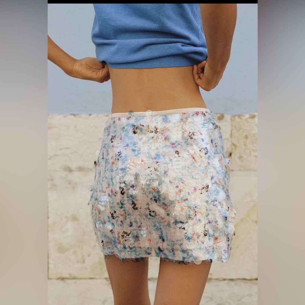 NWT Zara Mini Skirt Sequin, Jewel Sequined Blue Skirt 3920/721 Blue Ecru - Picture 12 of 13